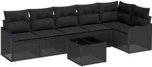 vidaXL Zestaw Sofy Ogrodowej 7 Części z Poduszkami Beżowy Polirattan, Sofa Ogrodowa 2-osobowa z Magazynem i Poduszkami Czarny Polirattan 2