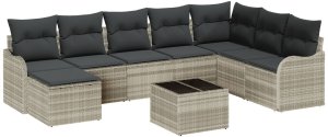 vidaXL 9 Częściowy Zestaw Sof Ogrodowych z Poduszkami Szary Polirattan, 2-osobowa Sofa Ogrodowa z Schowkiem i Poduszkami Jasnoszary Polirattan 2