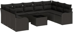 vidaXL 10-częściowy zestaw sof ogrodowych z poduszkami beżowy polirattan, vidaXL 2-osobowa sofa ogrodowa z miejscem do przechowywania i poduszkami czarny polirattan 2