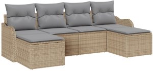 vidaXL Zestaw sofa ogrodowa z poduszkami Beżowy Poli Rattan 6 elementów, Sofa ogrodowa 2-osobowa z przechowywaniem i poduszkami Beżowy Poli Rattan 2