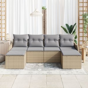 vidaXL Zestaw sofa ogrodowa z poduszkami Beżowy Poli Rattan 6 elementów, Sofa ogrodowa 2-osobowa z przechowywaniem i poduszkami Beżowy Poli Rattan 3
