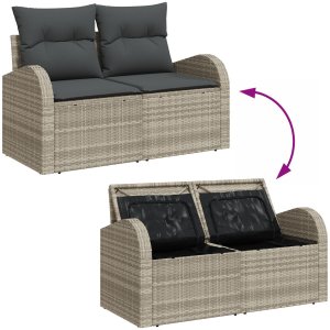 vidaXL 3-częściowy zestaw sof ogrodowych z poduszkami jasnoszary polirattan, Sofa dwuosobowa ogrodowa z miejscem do przechowywania i poduszkami jasnoszary polirattan 6