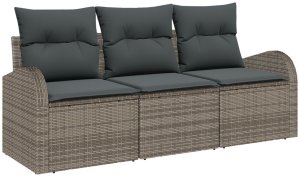 vidaXL 3-Elementowy Zestaw Sofy Ogrodowej z Poduszkami Szara Poli Rattan, 2-osobowa Sofa Ogrodowa z Przechowalnią i Poduszkami Szara Poli Rattan 2