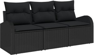 vidaXL Zestaw sofy ogrodowej 3 częściowy z poduszkami czarny z polirattanu, Sofa ogrodowa 2-osobowa z miejscem do przechowywania i poduszkami czarny z polirattanu 2