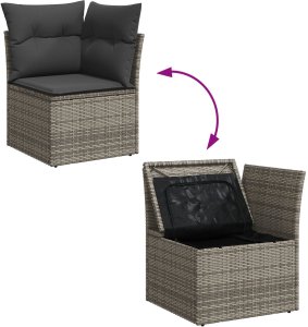 Sofa ogrodowa vidaXL 8 Elementowy Zestaw z Poduszkami Szary Poli Rattan, Sofa ogrodowa vidaXL 2-osobowa z miejscem na przechowywanie i poduszkami Szary Poli Rattan 3