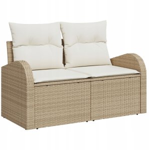 Zestaw sofy ogrodowej vidaXL 8-elementowy z poduszkami Beżowy Poli Rattan, Dwuosobowa sofa ogrodowa vidaXL z miejscem do przechowywania i poduszkami Beżowy Poli Rattan 6