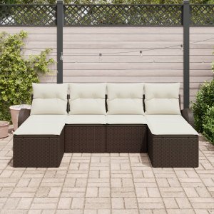 vidaXL 6 Częściowy Zestaw Sofy Ogrodowej z Poduszkami Brązowy Polirattan, 2-osobowa Sofa Ogrodowa z Przechowywaniem i Poduszkami Brązowy Polirattan 2