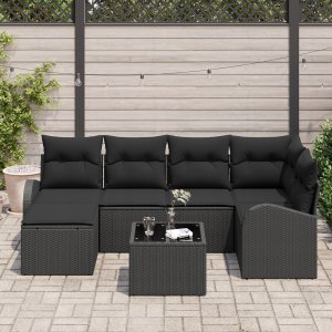 vidaXL vidaXL 7-częściowy zestaw sof ogrodowych z poduszkami beżowymi z rattanu polietylenowego, vidaXL 2-osobowa sofa ogrodowa z przechowalnią i poduszkami czarnymi z rattanu polietylenowego 2