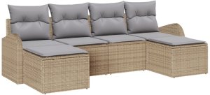 vidaXL Zestaw sof ogrodowych w 6 częściach z poduszkami Beżowy Rattan Poliester, Sofa ogrodowa na 2 osoby z przechowalnią i poduszkami Beżowy Rattan Poliester 2