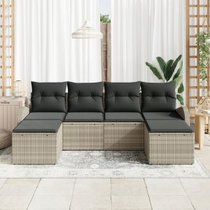vidaXL Zestaw sof ogrodowych z 6 elementami z poduszkami jasnoszary rattan poliester, Sofa ogrodowa na 2 osoby z przechowalnią i poduszkami jasnoszary rattan poliester 2