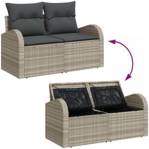 vidaXL Zestaw sof ogrodowych z 6 elementami z poduszkami jasnoszary rattan poliester, Sofa ogrodowa na 2 osoby z przechowalnią i poduszkami jasnoszary rattan poliester 10