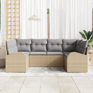 vidaXL 6-częściowy zestaw sof ogrodowych z poduszkami beżowy rattan poli, 2-osobowa sofa ogrodowa z przechowalnią i poduszkami beżowy rattan poli 3