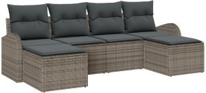 vidaXL 6-częściowy zestaw mebli ogrodowych z poduszkami Szary Polirattan, Sofa ogrodowa 2-osobowa ze schowkiem i poduszkami Szary Polirattan 2