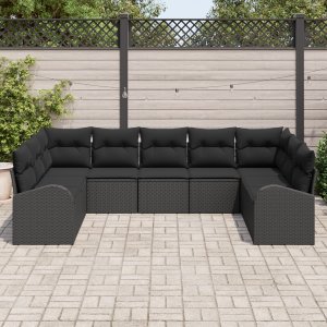 vidaXL 9 Częściowy Zestaw Sofowy do Ogrodu z Poduszkami Czarny Poli Rattan, 2-osobowa Sofa Ogrodowa z Przechowalnią i Poduszkami Czarny Poli Rattan 3