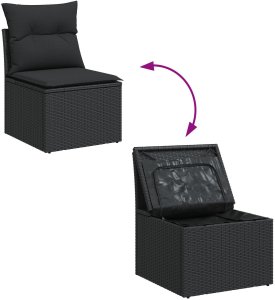 vidaXL 9 Częściowy Zestaw Sofowy do Ogrodu z Poduszkami Czarny Poli Rattan, 2-osobowa Sofa Ogrodowa z Przechowalnią i Poduszkami Czarny Poli Rattan 9