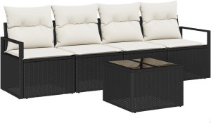 Zestaw sof ogrodowych vidaXL 5-częściowy z poduszkami Czarny polirattan, Zestaw sof ogrodowych vidaXL 2-osobowy z schowkiem i poduszkami Czarny polirattan 2