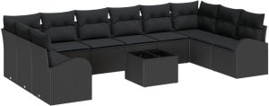 Zestaw 11 Elementów Sof Ogrodowych z Poduszkami Beżowy Polirattan, Sofa Dwuosobowa Ogrodowa z Miejscem do Przechowywania i Poduszkami Czarna Polirattan 2
