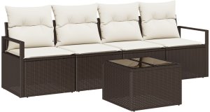 vidaXL 5-elementowy Zestaw Sofy Ogrodowej z Poduszkami Brązowy Polirattan, 2-osobowa Sofa Ogrodowa z Przechowalnią i Poduszkami Brązowy Polirattan 2