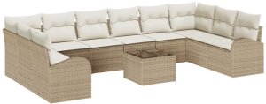 vidaXL 11-elementowy zestaw sof ogrodowych z poduszkami brązowy poli rattan, dwuosobowa sofa ogrodowa z miejscem do przechowywania i poduszkami beżowy poli rattan 2