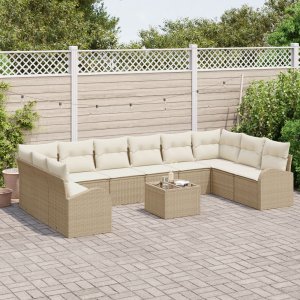 vidaXL 11-elementowy zestaw sof ogrodowych z poduszkami brązowy poli rattan, dwuosobowa sofa ogrodowa z miejscem do przechowywania i poduszkami beżowy poli rattan 3