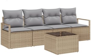 vidaXL Zestaw 5-częściowy Sofy Ogrodowej z Poduszkami Beżowy Polirattan, 2-osobowa Sofa Ogrodowa z Przechowalnią i Poduszkami Beżowy Polirattan 2