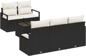 Zestaw 6-częściowy sof ogrodowych z poduszkami Czarny Rattan Polirattan, 2-osobowa sofa ogrodowa z miejscem do przechowywania i poduszkami Czarny Rattan Polirattan 2