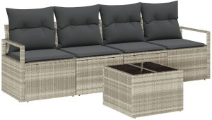 vidaXL Zestaw 5-częściowy sofy ogrodowej z poduszkami Jasnoszary Polirattan, 2-osobowa kanapa ogrodowa z miejscem do przechowywania i poduszkami Szary Polirattan 2