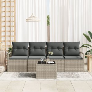 vidaXL Zestaw 5-częściowy sofy ogrodowej z poduszkami Jasnoszary Polirattan, 2-osobowa kanapa ogrodowa z miejscem do przechowywania i poduszkami Szary Polirattan 3