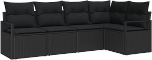 vidaXL Zestaw sof ogrodowych w 5 elementach z poduszkami Czarny Polirattan, Zestaw sof ogrodowych na 2 osoby z miejscem do przechowywania i poduszkami Czarny Polirattan 2