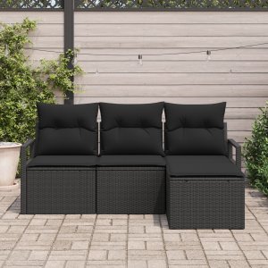 vidaXL Zestaw sof ogrodowych 4-częściowy z poduszkami czarny poli rattan, 2-osobowa sofa ogrodowa z przechowalnią i poduszkami czarny poli rattan 3