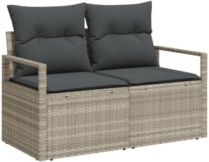 Zestaw sofy vidaXL 4-częściowy z poduszkami, jasnoszary, polirattan, Sofa ogrodowa vidaXL 2-osobowa z miejscem do przechowywania i poduszkami, szary polirattan 4