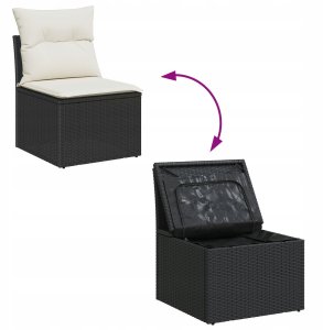 vidaXL 8-częściowy zestaw sof ogrodowych z poduszkami, czarny poli rattan, vidaXL 2-osobowa sofa ogrodowa z miejscem do przechowywania i poduszkami, czarna poli rattan 9