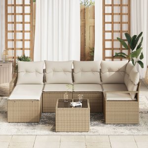 Zestaw ogrodowy vidaXL 7-częściowy z poduszkami brązowy polirattan, Sofa ogrodowa vidaXL 2-osobowa z miejscem na przechowywanie i poduszkami beżowy polirattan 2