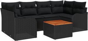 Zestaw sof ogrodowych vidaXL 7 Elementów z poduszkami Czarny Polirattan Akacja, Zestaw 2-osobowej sofy ogrodowej vidaXL z miejscem do przechowywania i poduszkami Czarny Polirattan 2