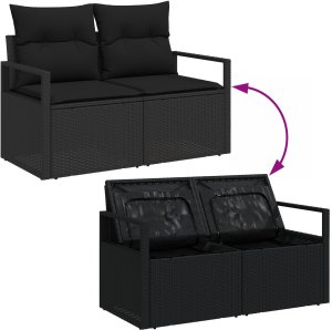 vidaXL 7-częściowy zestaw sof ogrodowych z poduszkami czarny rattan polietylenowy, vidaXL Dwuosobowa sofa ogrodowa z miejscem na przechowywanie i poduszkami czarny rattan polietylenowy 8