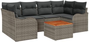 vidaXL Zestaw Sofowy 7-elementowy z Poduszkami Szary Polirattan Akacja, Zestaw Sofowy 2-osobowy z Przechowalnią i Poduszkami Szary Polirattan 2