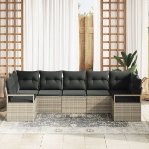 vidaXL Zestaw 7-częściowy Sof Ogrodowych z Poduszkami Jasnoszary Rattan, Dwuosobowa Sofa Ogrodowa z Przechowalnią i Poduszkami Szary Rattan 2
