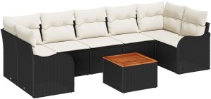 8-częściowy zestaw sof ogrodowych z poduszkami czarny polirattan akacja, Sofa dwuosobowa z miejscem do przechowywania z poduszkami czarny polirattan 2