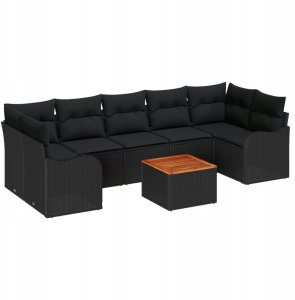 vidaXL 8-częściowy zestaw sof ogrodowych z poduszkami czarny polirattan akacja, vidaXL dwuosobowa sofa ogrodowa z przechowywaniem i poduszkami czarny polirattan 2