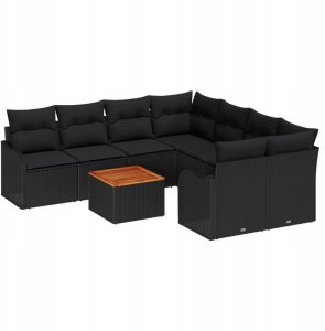 vidaXL 9-częściowy zestaw sof ogrodowych z poduszkami czarny polirattan akacja, vidaXL 2-osobowa sofa ogrodowa z miejscem na przechowywanie i poduszkami czarny polirattan 2