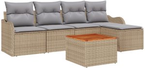 vidaXL Zestaw 6-częściowy sof ogrodowych z poduszkami w kolorze beżowym, rattanu polietylowego, akacji, Sofa dwuosobowa z schowkiem i poduszkami w kolorze beżowym, rattanu polietylowego 2