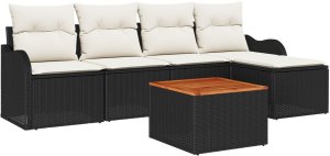 vidaXL Sześcioczęściowy zestaw sofy ogrodowej z poduszkami czarny polirattan akacja, Sofa ogrodowa dla dwóch osób z miejscem na przechowywanie i poduszkami czarny polirattan 2