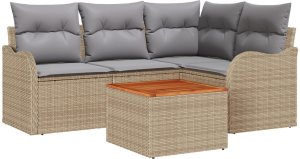 vidaXL Zestaw sofy ogrodowej 5-elementowej z poduszkami Beżowy Poli Rattan Akacja, 2-osobowa sofa ogrodowa z przechowalnią i poduszkami Beżowy Poli Rattan 2