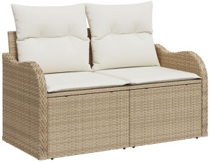 vidaXL 11-elementowy zestaw sofy ogrodowej z poduszkami beżowy poli ratan akacja, Dwuosobowa sofa ogrodowa ze schowkiem i poduszkami beżowa poli ratan 4