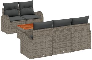 Zestaw Sof na Ogród 6 Części z Poduszkami Szary Polirattan Akacja, Sofa Ogrodowa 2-osobowa z Przechowalnią i Poduszkami Szary Polirattan 2