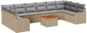 10-częściowy zestaw sof ogrodowych vidaXL z poduszkami Beżowy Polirattan Akacja, 2-osobowa sofa ogrodowa vidaXL z pojemnikiem oraz poduszkami Beżowy Polirattan 2