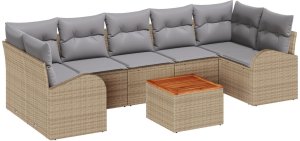 vidaXL 8-częściowy zestaw sof ogrodowych z poduszkami Beżowy Polirattan Akacja, 2-osobowa sofa ogrodowa z przechowywaniem i poduszkami Beżowy Polirattan 2