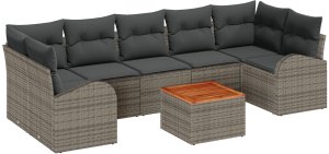 vidaXL 8-częściowy zestaw sof ogrodowych z poduszkami Szary Poli Rattan Akacja, Dwuosobowa sofa ogrodowa z miejscem na przechowywanie i poduszkami Szary Poli Rattan 2