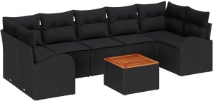 vidaXL Zestaw 8-częściowy sofy ogrodowej z poduszkami czarny polirattan drewno akacjowe, vidaXL Sofa ogrodowa 2-osobowa z miejscem do przechowywania i poduszkami czarny polirattan 2