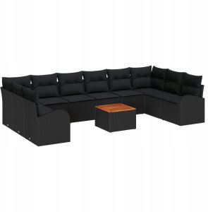 vidaXL 11-częściowy zestaw sof ogrodowych z poduszkami czarny polirattan akacja, 2-osobowa sofa ogrodowa z miejscem na poduszki i poduszkami czarny polirattan 2